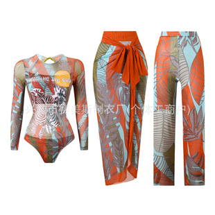 Купальник One-Piece Long-Sleeved Sun Protection Swimsuit Three-Piece Mesh Pants Russian Swimsuit Women