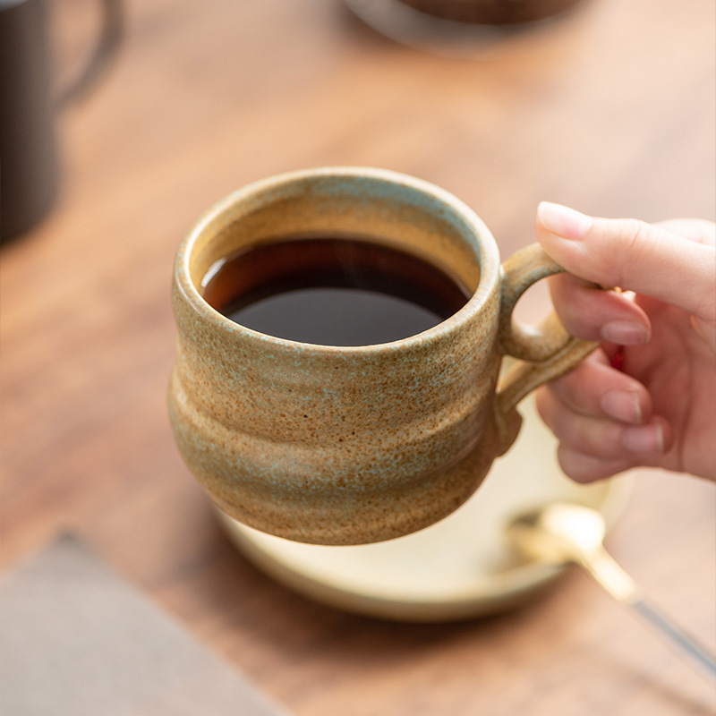 手捏陶器コーヒーカップ＆ソーサーセット 日本窯変風 家庭用ウォーターカップ 粗陶カップルマグカップ レトロ|undefined