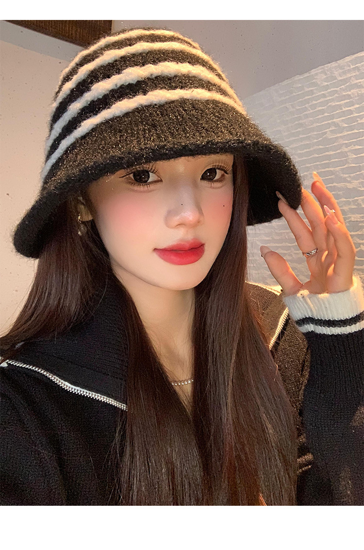 Cappello da pescatore in peluche retrò a righe in stile giapponese per donna, autunno e inverno, caldo, versatile, a tesa larga, snellente per il viso_voghion.com