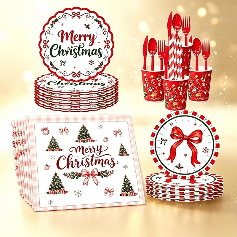 Santa Claus bow party disposable paper plate decorations birthday party paper cups paper napkins snowflake tableware set Santa Claus bow party disposable paper plate decorations birthday party paper cups paper napkins snowflake tableware set