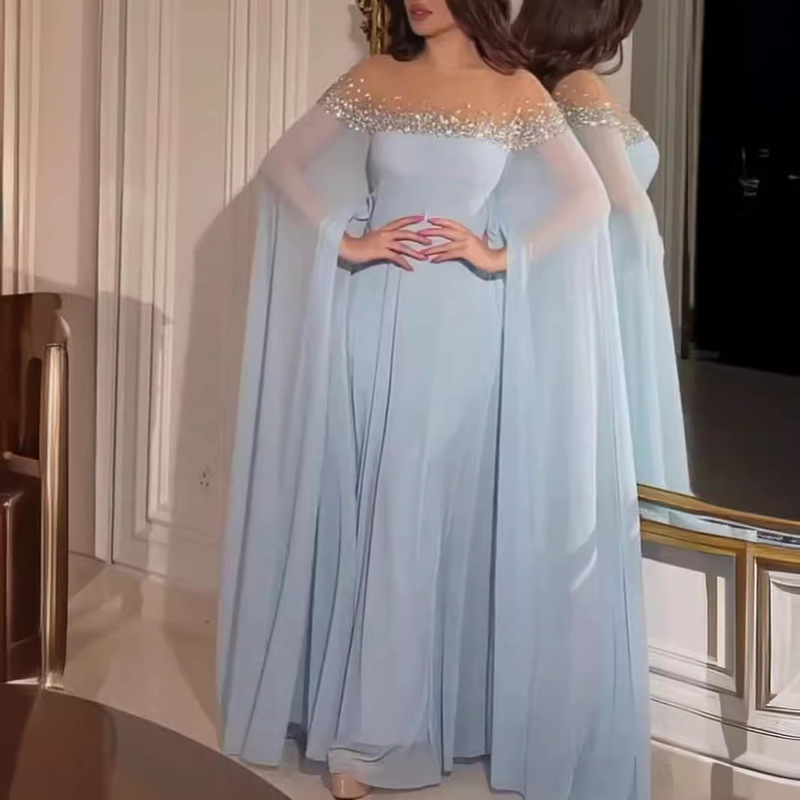 Spring and Summer New European and American Style Sexy High-Waisted Chiffon Evening Dress with Rhinestones and Pearls Spring and Summer New European and American Style Sexy High-Waisted Chiffon Evening Dress with Rhinestones and Pearls