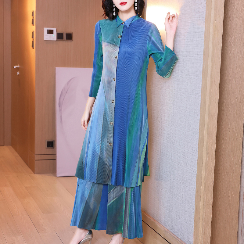 贵夫人褶皱时尚休闲套装2024秋装新款女宽松大码胖mm显瘦两件套
