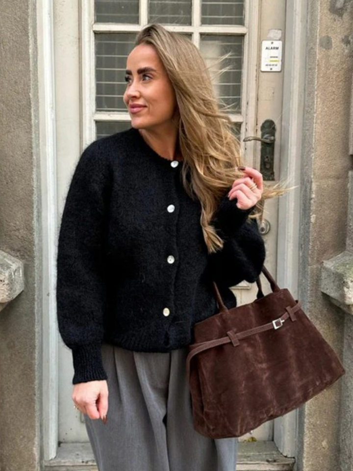 Áo cardigan len dệt kim dáng mỏng nhẹ cài nút một hàng, tay dài cổ tròn nữ — hoa hồng đỏ, màu be, màu cam, màu hoa cà chi tiết 96
