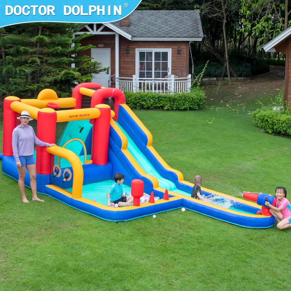 Dr. Dolphin | Casa para niños, castillo pequeño, tobogán inflable, parque infantil al aire libre, castillo de chorro de agua inflable, trampolín