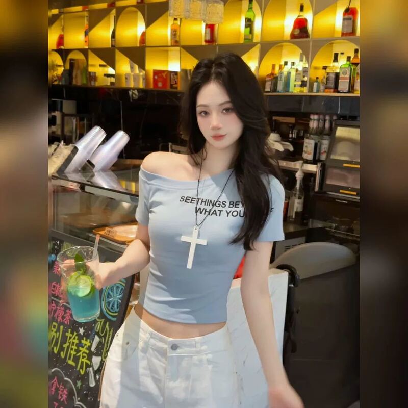 [綿92、スパンデックス8]夏新作スリムレタープリント半袖Tシャツデザインスリムフィットトップス女性用|undefined