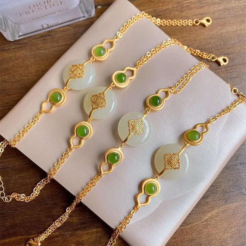 Natural Jade ancient style bracelet female super fairy Chinese style gourd Fu Lu health bracelet plated 18K safety buckle female