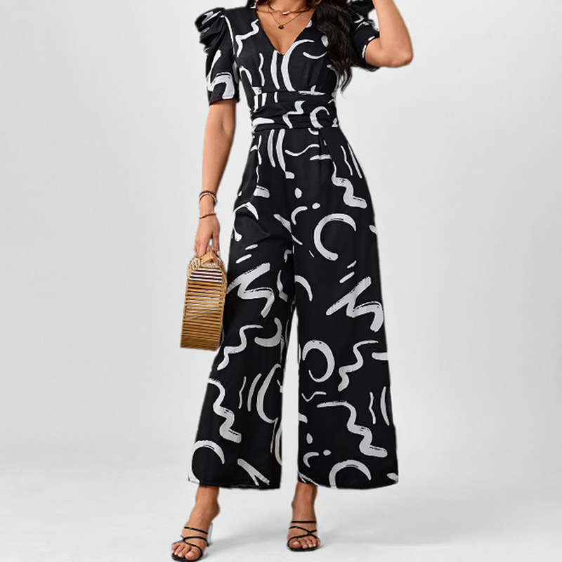 2026 primavera nueva moda europea y americana de comercio exterior de mujeres transfronterizas estilo de viaje de cintura alta impresión de cuello en V de piernas anchas image 3