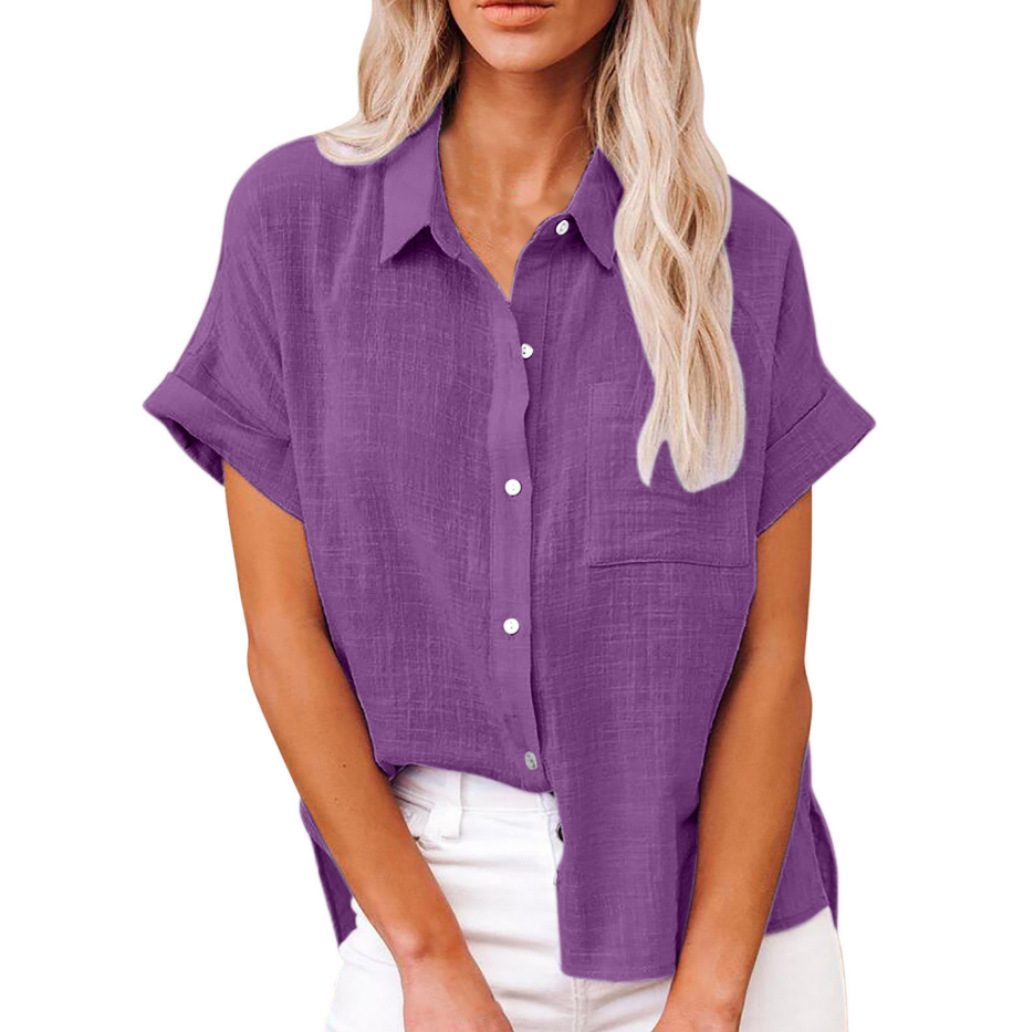 232g Weight Short Sleeve Sleeve Length Single Breasted Placket Type Raglan Sleeve Sleeve Type Cotton and Linen Fabric Type Simple Style Solid Color Cotton And Linen Turndown Short Sleeve Raglan Sleeve Blouse