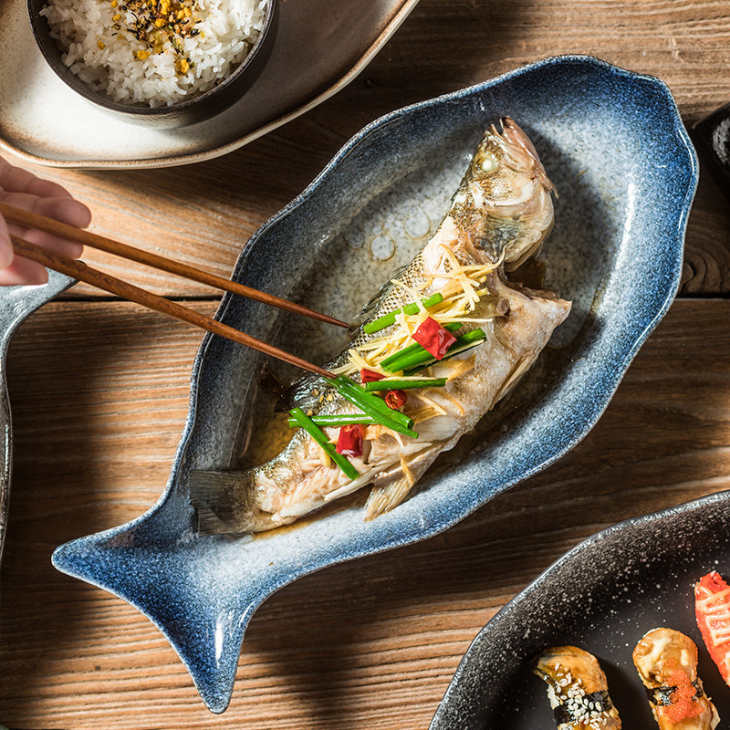 Japanese Fish Plate Ceramic Sushi Plate Household Anti-Scalding Steamed Fish Special Plate Creative Large Fish-Shaped Plate Commercial
