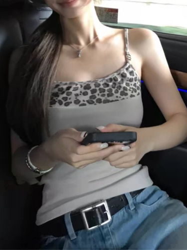Women's New Color-blocked Leopard Print Camisole Top with Built-in Bra Cup, Pure Desire Seductive Layering Underwear Short-sleeve Top