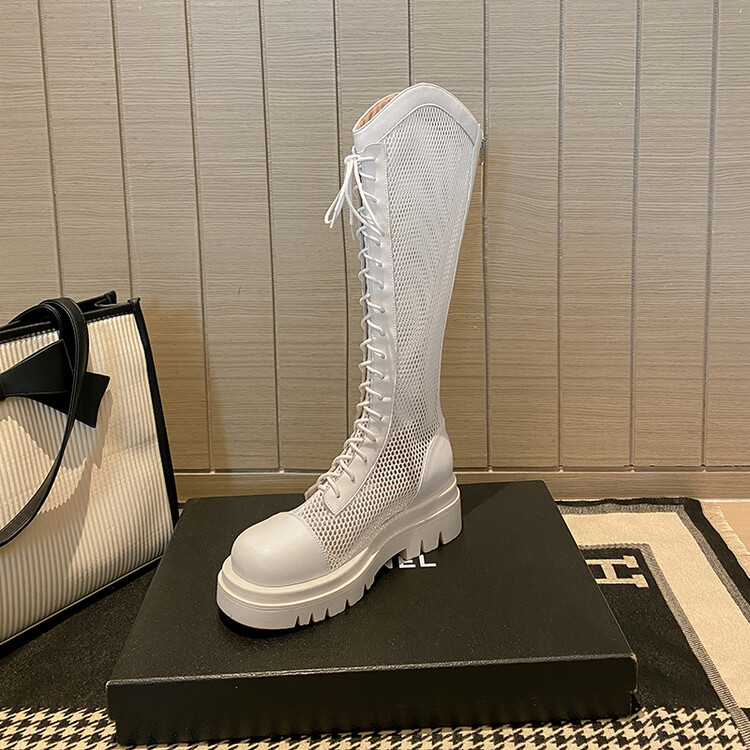 Boot lưới da thật cổ cao đế dày thoáng khí mùa xuân hè phong cách kỵ sĩ buộc dây — Màu nâu ống lớn, Màu đen cổ ống lớn, Ống nhỏ màu đen, Ống nhỏ màu be chi tiết 106