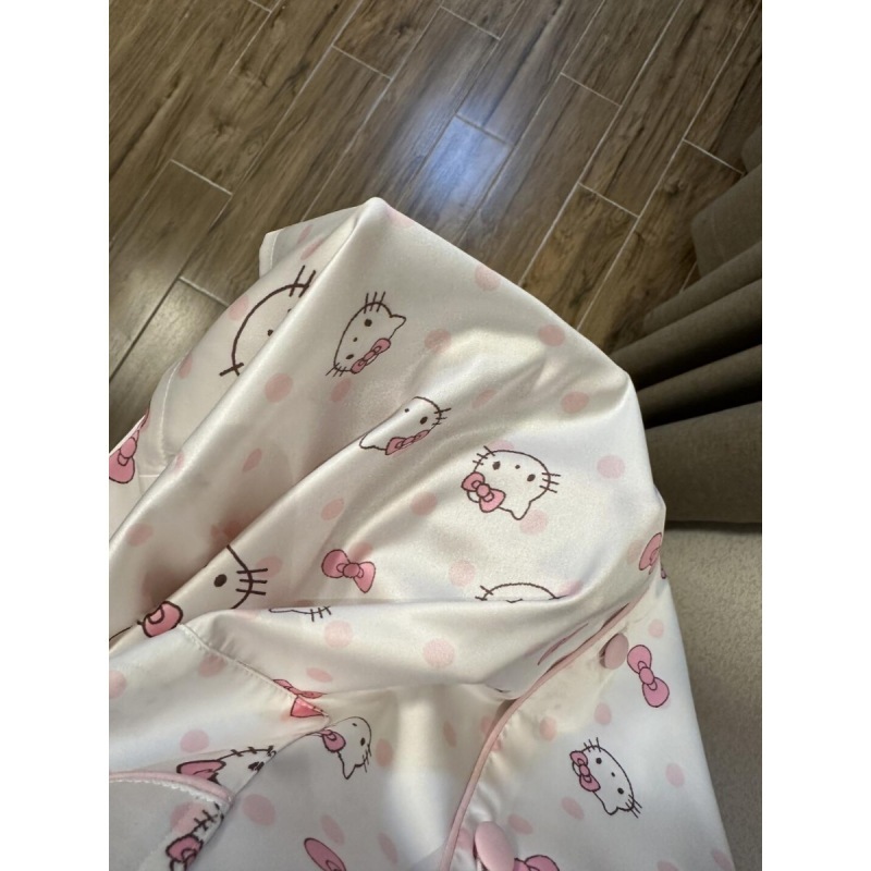 韩版甜美卡通凯蒂猫缎面冰丝睡衣女春秋款2025新款裸感家居服套装|undefined
