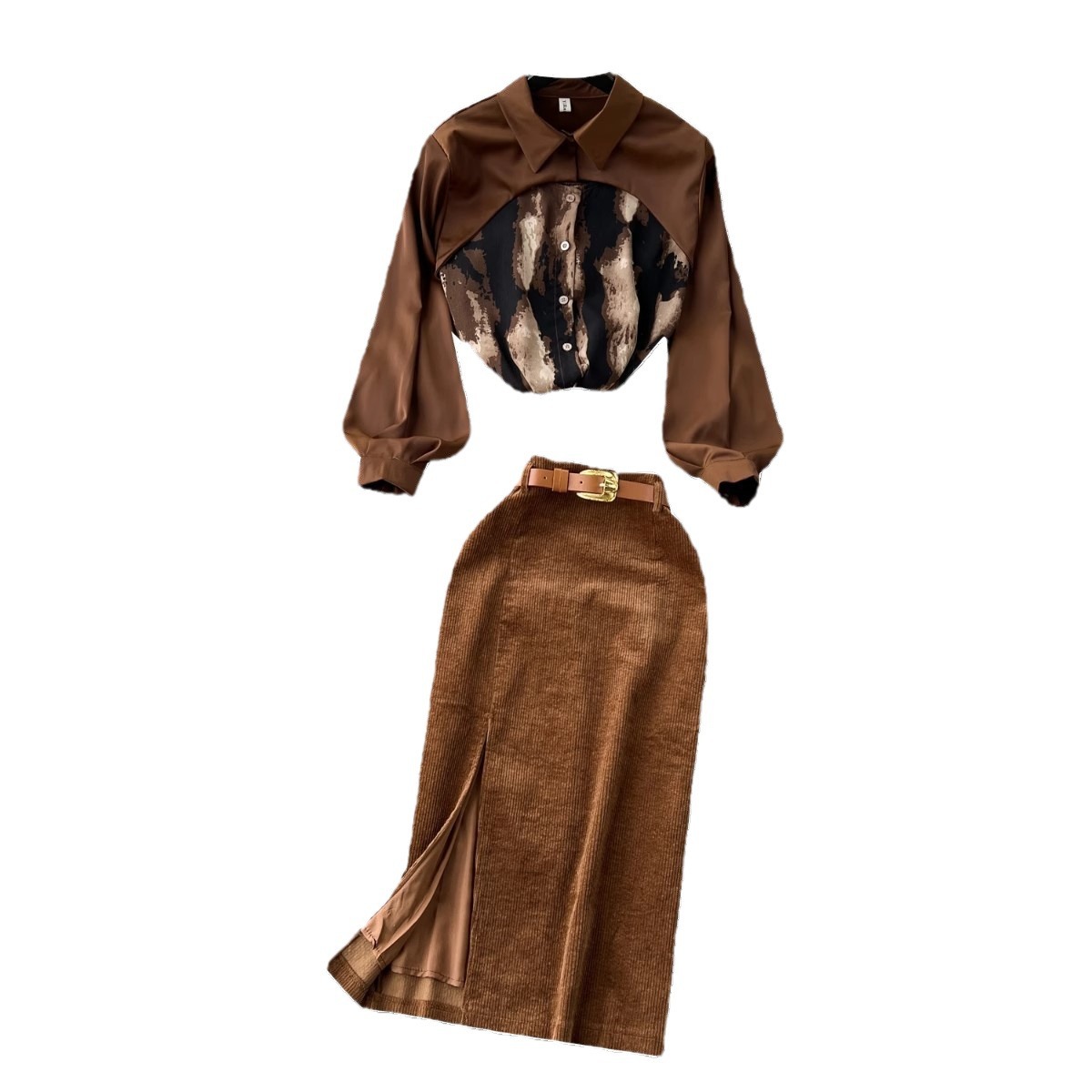 Abbigliamento da donna Autunno e inverno leggero lusso retrò stile semplice tie dye patchwork camicia top + gonna a vita alta sottile due pezzi vestito per le donne_voghion.com