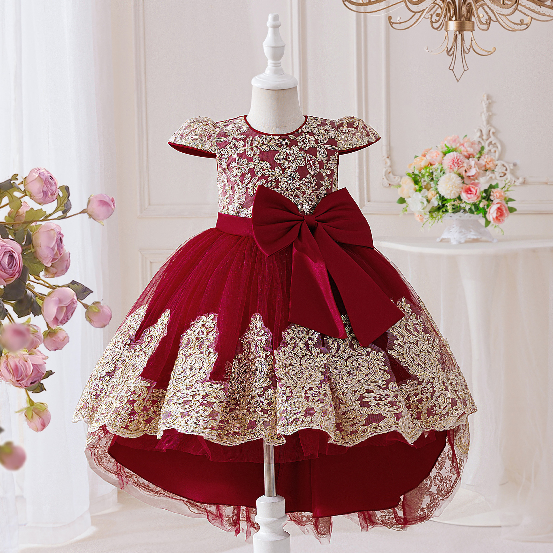 EBay vestido para niños bordado de hilo dorado niña de las flores elegante espectáculo de boda esponjoso vestido de niña de cumpleaños vestido de princesa vestido de noche