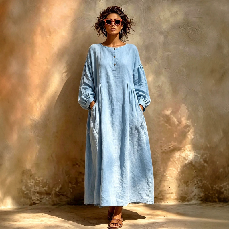 2026 Cross-Border Amazon Independent Station Round Neck Buttoned Long Sleeve Solid Color Pleated Loose Vacation Style Dress for Women 2026 Cross-Border Amazon Independent Station Round Neck Buttoned Long Sleeve Solid Color Pleated Loose Vacation Style Dress for Women