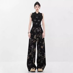 新中式印花阔腿牛仔裤女夏季新款设计感水洗黑色高腰直筒拖地长裤
