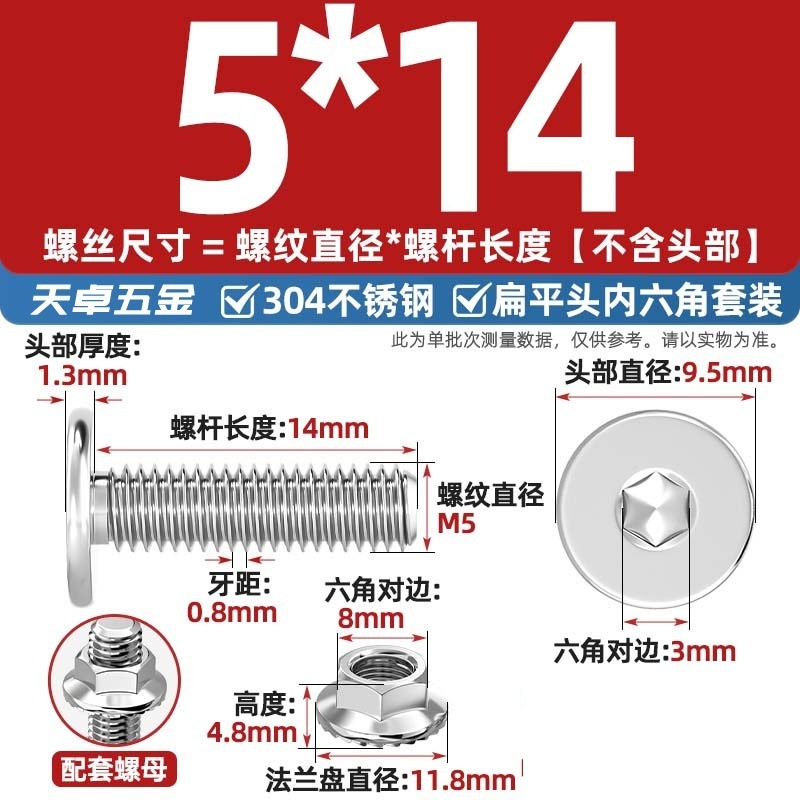 304不锈钢CM大平头超薄头C头扁平头内六角螺丝钉法兰边螺母套装M5|undefined