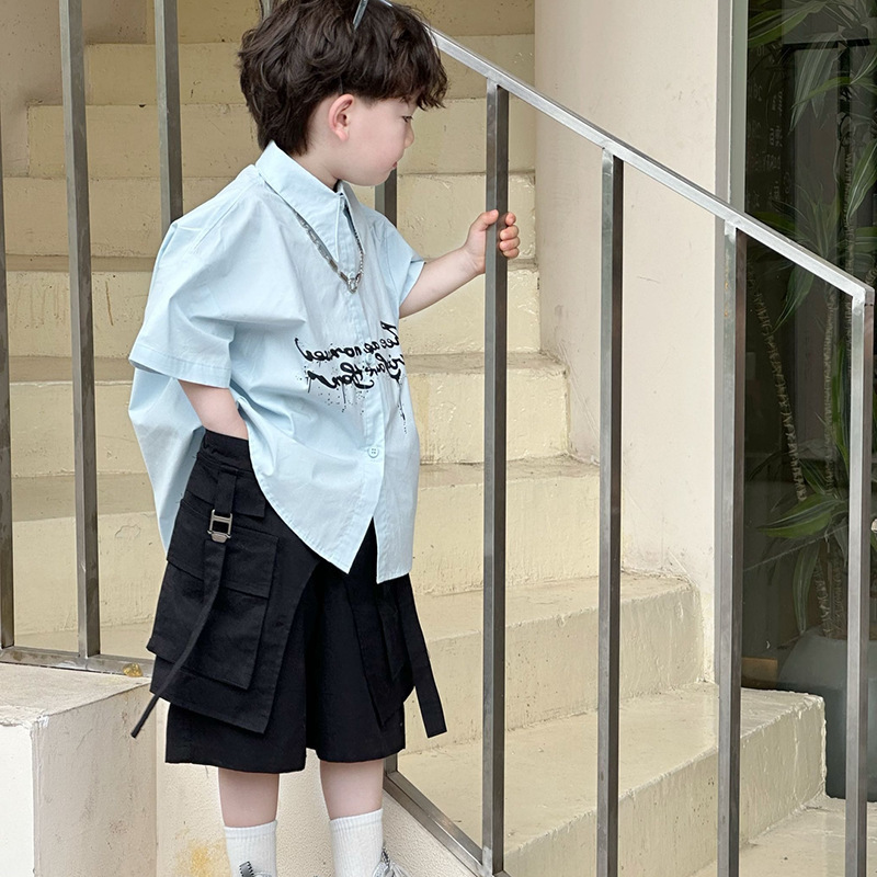 ボーイズ 2025 夏新作子供ベビーレタープリントラペルブルーシャツ小中型子供ファッショントレンドトップス|undefined