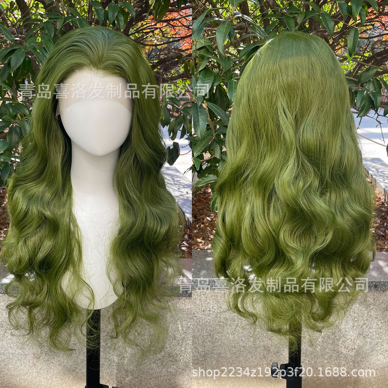 Hand-Crocheted Lace Front Wig 13X4 Large Wavy Egg Roll Chemical Fiber Olive Green Lazy Vibe Layered Hair