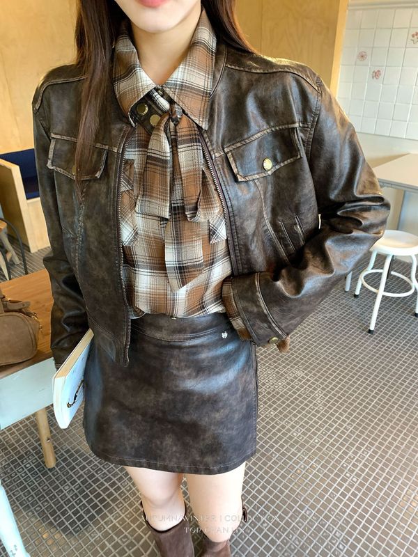 初禾2025十三行秋美式复古做旧立领短款夹克PU皮衣辣妹机车外套女|undefined