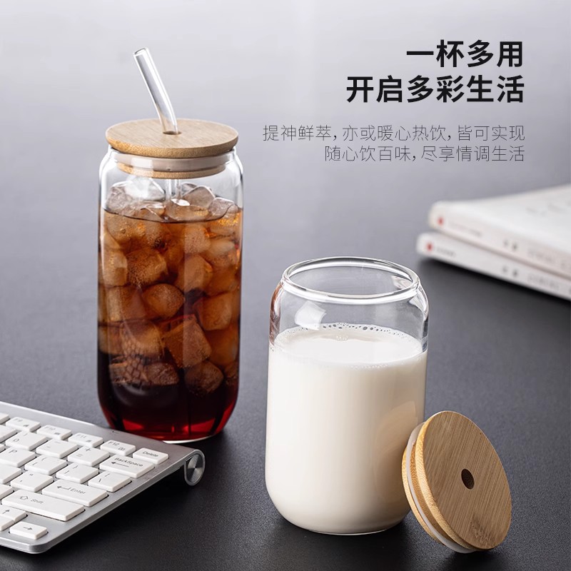 Taza de vidrio rojo neto con cubierta de bambú con paja taza de café Coca-Cola taza de jugo de fruta de alto valor facial taza de bebida de borosilicano de alto valor