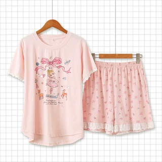 夏季网红新款卡通跳舞女孩睡衣花边短袖短裤家居服套装可外穿