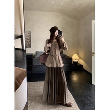 大码美拉德穿搭套装女秋季慵懒风长袖上衣胖MM高腰半身裙子两件套