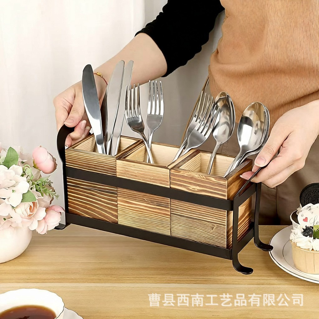 Cross-Border Wooden Bedroom Desktop Makeup Brush Storage Rack, Household Kitchen Knife, Fork, Spoon Storage Box, Knife, Fork, and Chopstick Organizer