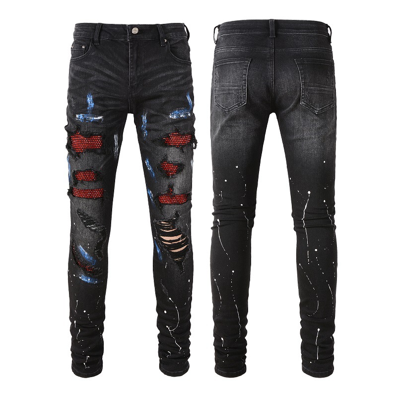 Men's Clothing jeans high street fashion brand black ripped patch red diamond stretch retro pants _voghion.com