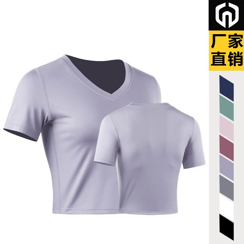 Ropa de entrenamiento de yoga traje deportivo Camiseta ajustada de manga corta para mujer Top casual con cuello en V Camiseta de manga corta ombligo expuesto