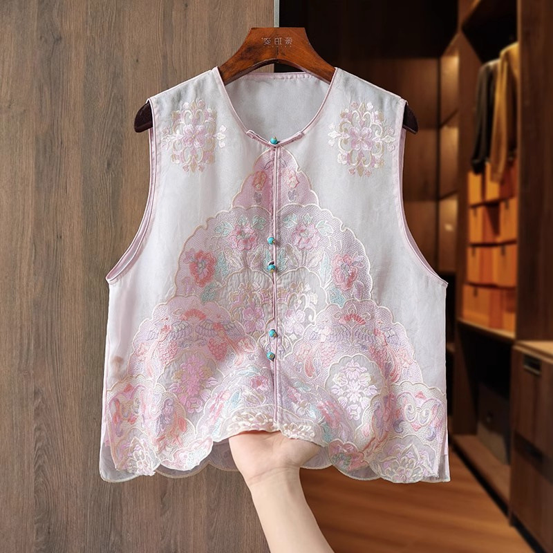 Quality Guaranteed Breathable Summer Thin Silk New Chinese Style Vest Heavily Embroidered Mulberry Silk Outer Top