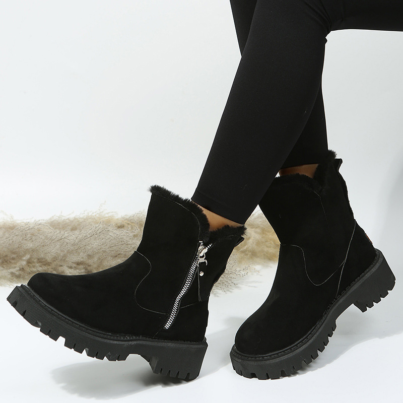 Comercio exterior europeo y americano corto botas de nieve de punta redonda de suela gruesa mujeres transfronterizas retro forrado de lana gruesa caliente zapatos acolchados de algodón deseo suministro