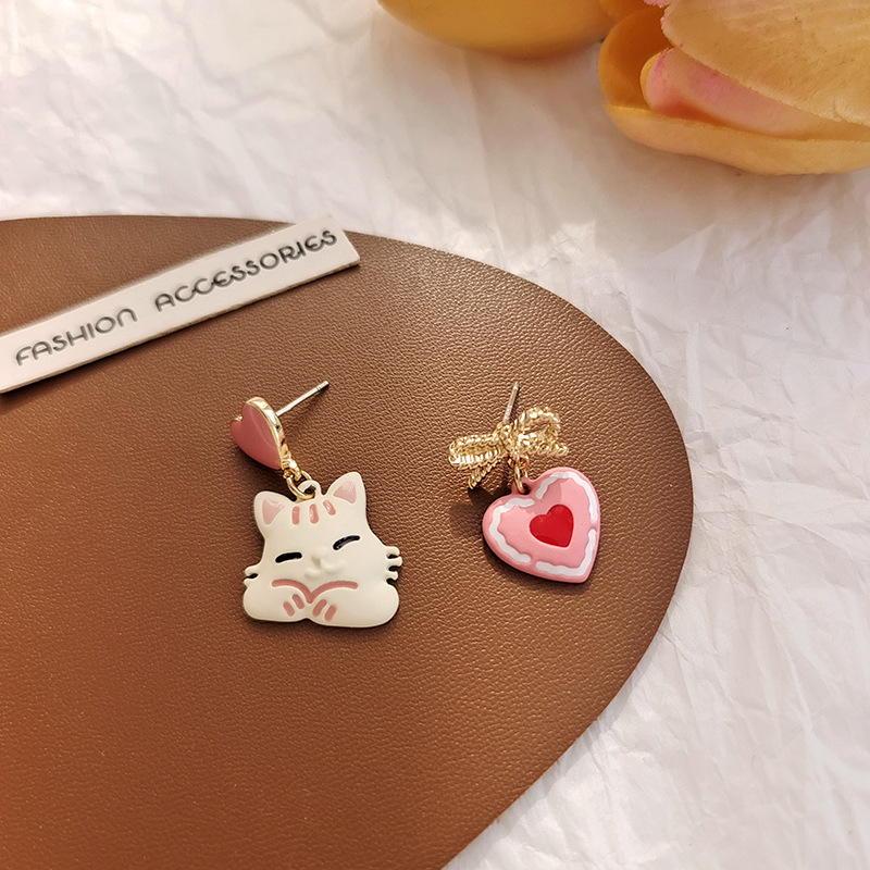Sweet Heart Shape Cat Bow Knot Alloy Enamel Women's Drop Earrings Ear Clips 1 Pair display picture 3