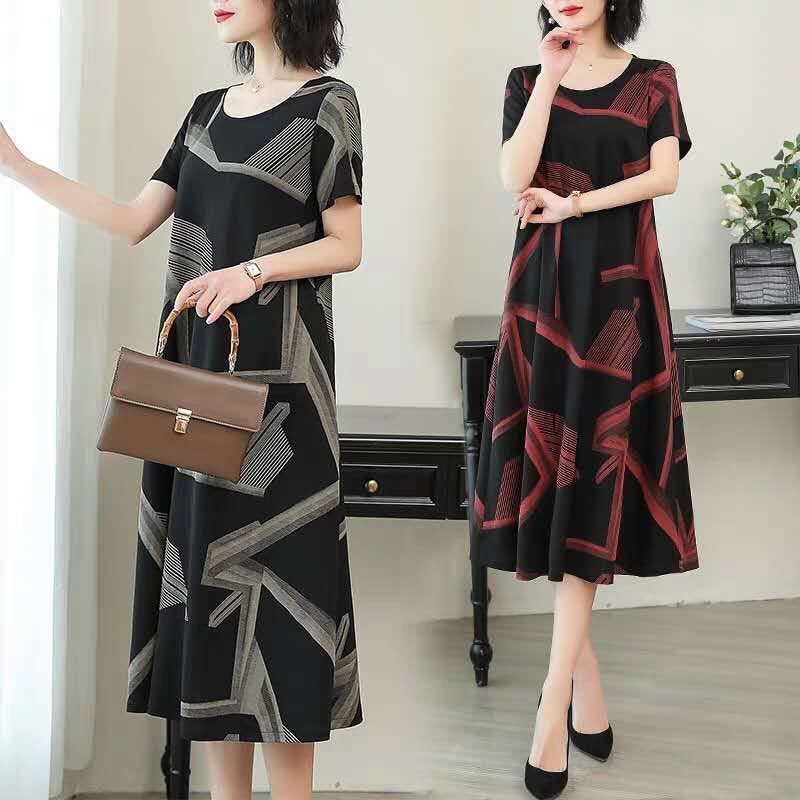 Plus Size Mid-Length Dress for Women Summer Mommy Wear Fat mm Loose Slimming Look Age-Reducing Casual A-Line Skirt Plus Size Mid-Length Dress for Women Summer Mommy Wear Fat mm Loose Slimming Look Age-Reducing Casual A-Line Skirt