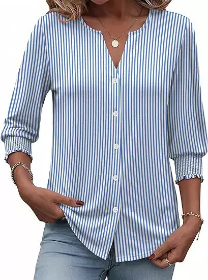 Amazon Cross-Border European and American Striped Casual Shirt V-Neck Fashion Three-Quarter Sleeve Versatile Hot-Selling Shirt Elegant for Work and Commuting