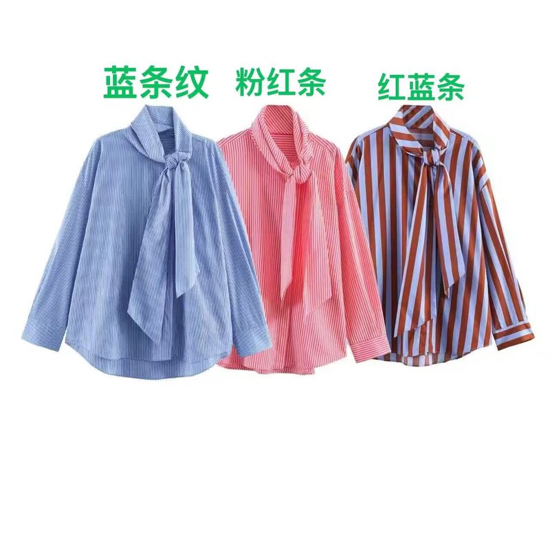 Cross-Border Foreign Trade 2026 Spring New Women's Versatile High-Neck Bow-Decorated Long-Sleeve Striped Shirt 2390116