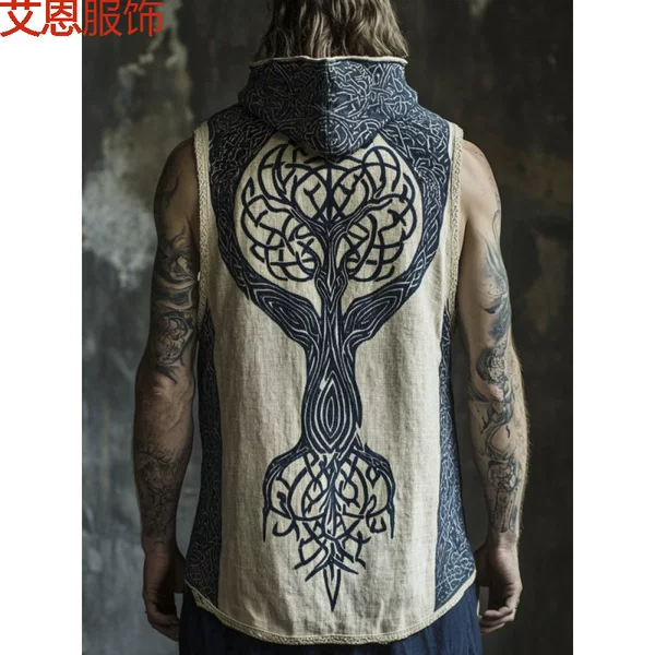 Cross-Border Foreign Trade Summer New Printed Men's Fashion Retro Waistcoat Hooded Casual Vest Top