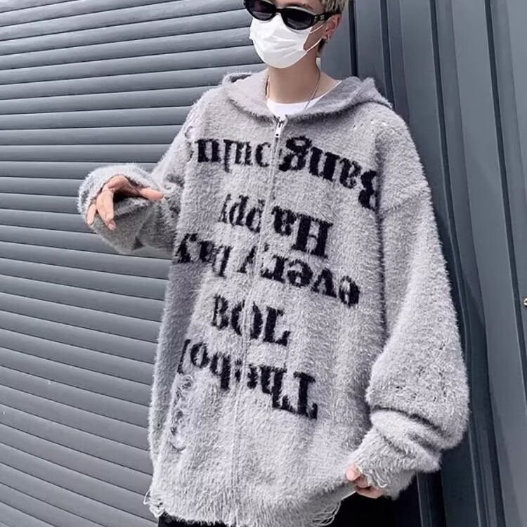 美式慵懒破洞连帽针织开衫毛衣男女复古高街宽松情侣拉链毛绒外套