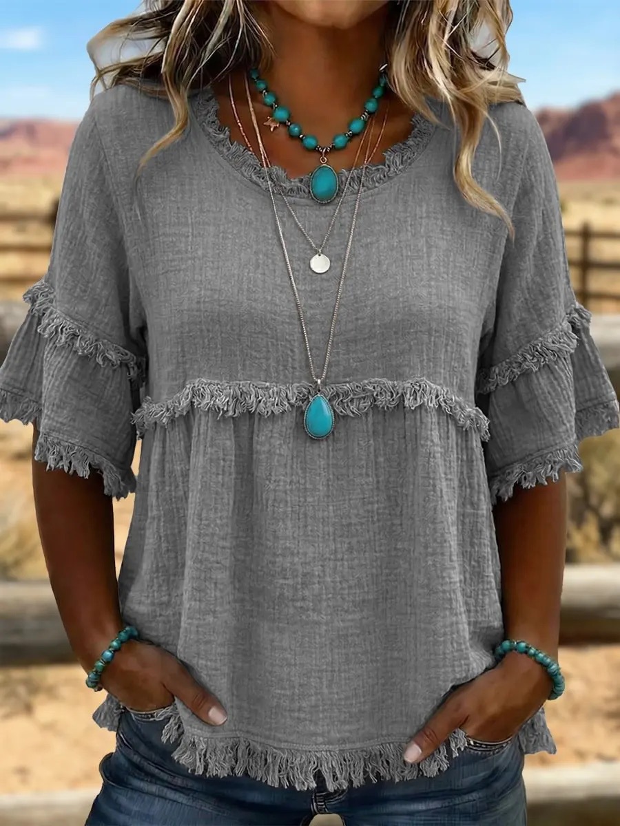 Camicetta retro da donna con frange texture e girocollo_voghion.com