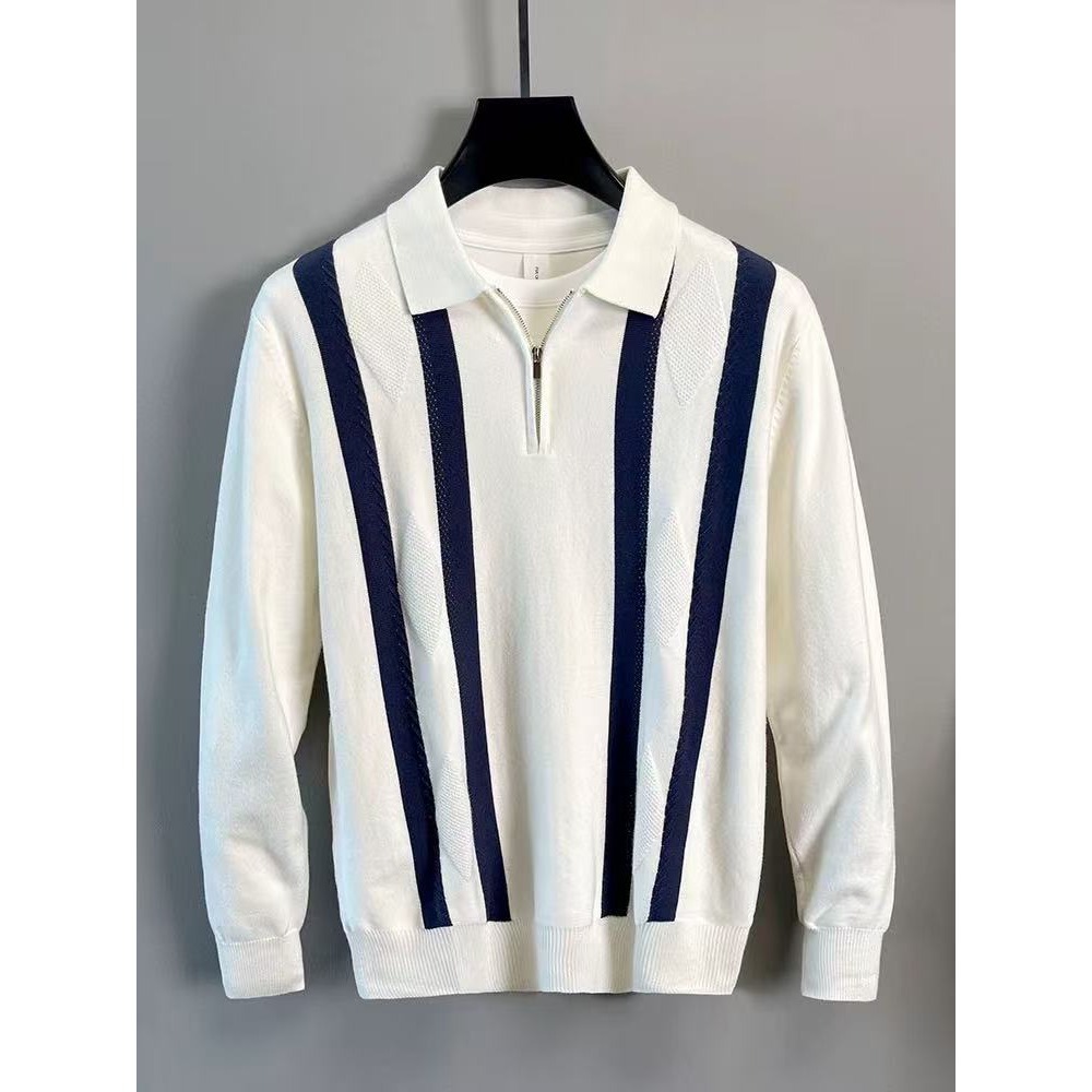 Men's Clothing Men's Half Zip Striped Shirt Collared Knit Sweater Autumn Winter Top Fashionable Warm Clothing For Men_voghion.com