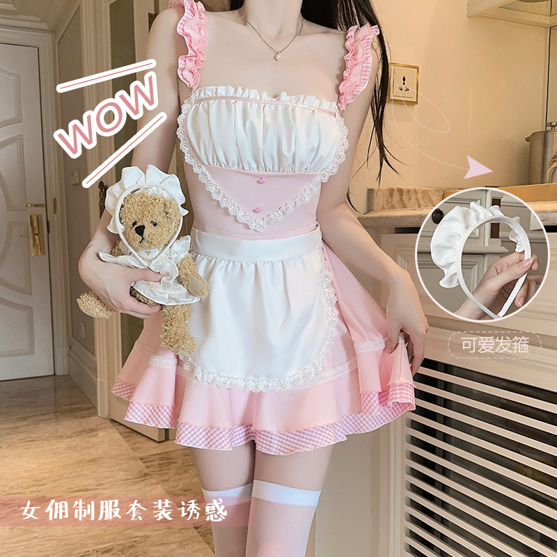 Guiruo Plus Size Sexy Intimates, Sweet Flying Sleeves, Pure Desire, Deep V, Backless, Playful Apron, Maid Uniform Suit A5353