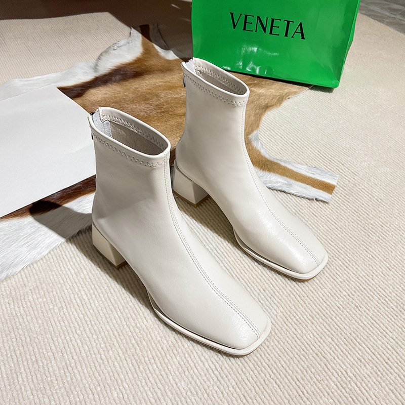 Leather ankle boots off-white skinny boots Women's 2022 new Martin boots square head thick heel single boot middle heel plus velvet naked boots