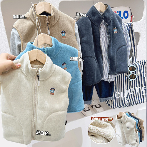 Boys Alpaca Cartoon Vest  Autumn and Winter Children's Clothes Children's Velvet Vest Thickened Zipper Jacket Waistcoat