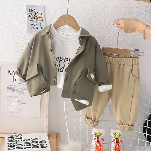 Boys work shirt set  new children's shirt spring and autumn long-sleeved street autumn T-shirt three-piece set