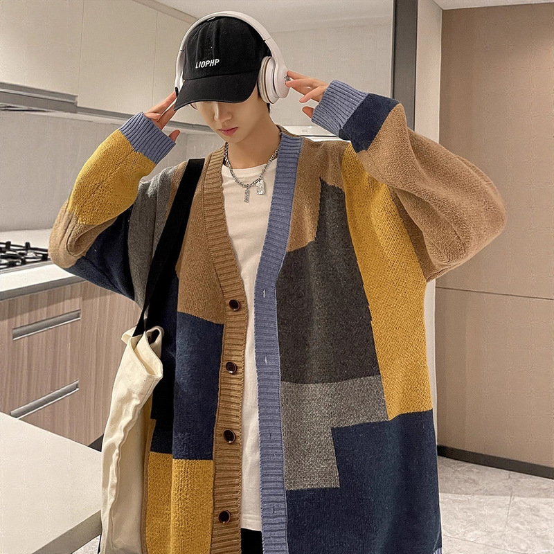 Cardigan Sweater Men's Ins Autumn and Winter Patchwork Contrast Color V Neck Sweater High-End Trendy Brand Men's Trendy Jacket Cool