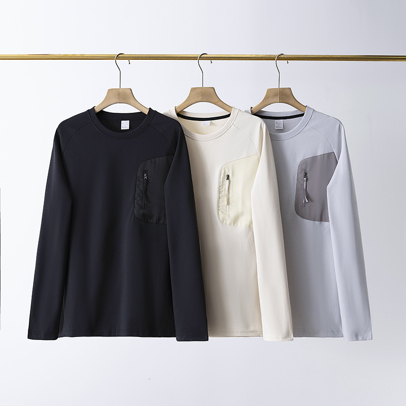 Men's Round-Neck Long-Sleeve Sweatshirt Similar to Feiniao Style, Autumn and Winter Solid Color Patchwork Pocket Base Shirt, Fashionable Urban Youth Style