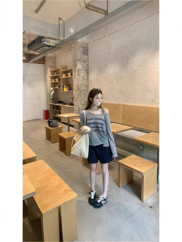 【自家工厂现货】慵懒字母斜肩罩衫长袖T恤女夏甜美宽松百搭上衣|undefined