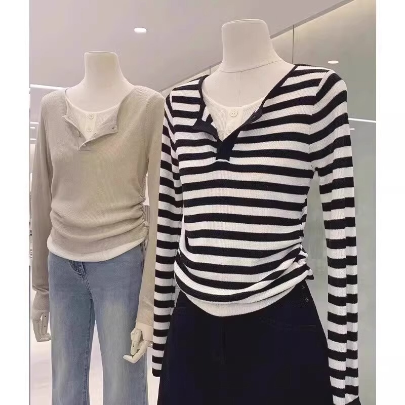 Fake Two-piece Sweater Women's Spring and Autumn Long-sleeved Shoulder T-shirt Slim-fit Slimming Black and White Striped Inner Base Shirt Top Fake Two-piece Sweater Women's Spring and Autumn Long-sleeved Shoulder T-shirt Slim-fit Slimming Black and White Striped Inner Base Shirt Top