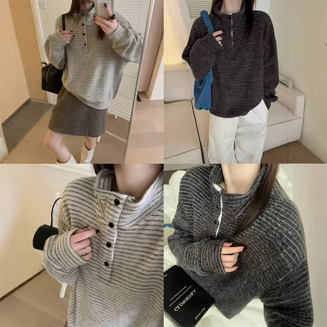 毛绒感条纹半高领纽扣卫衣女秋冬新款时尚慵懒风休闲软糯宽松上衣