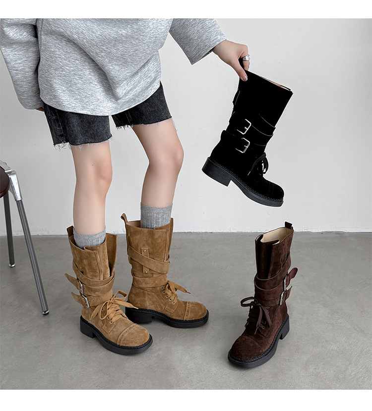 Boot cao bồi cổ trung bình da bò lộn phong cách retro, gót thấp khóa thắt lưng — đen, màu nâu sẫm, kaki chi tiết 34